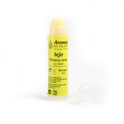 Bálsamo labial Aromas do Valado tejo com embalagem amarela e tampa transparente