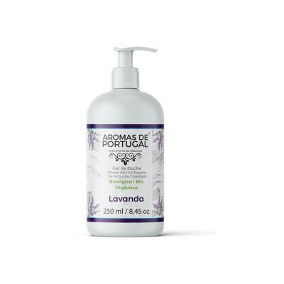 Frasco branco de Gel de Duche Lavanda Aromas de Portugal com design clean e rótulo com lavandas