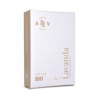 Embalagem de sabonete sólido Lavanda BIO branca e bege com textos dourados