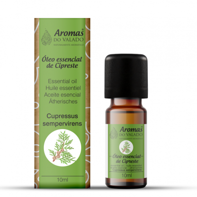 Frasco e caixa de óleo essencial de Cipreste Aromas do Valado
