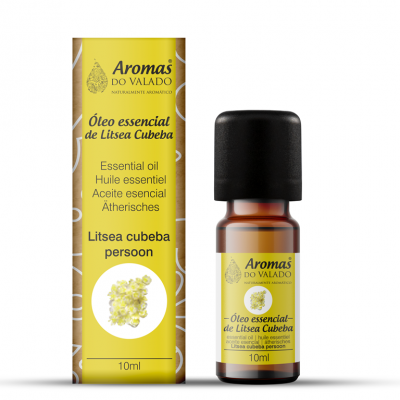 Frasco e caixa de óleo essencial Litsea Cubeba Aromas do Valado amarelos
