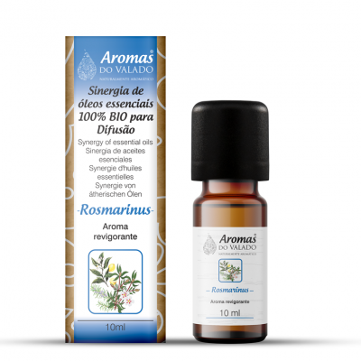 Frasco de óleo essencial Rosmarinus Aromas do Valado com embalagem azul e branca