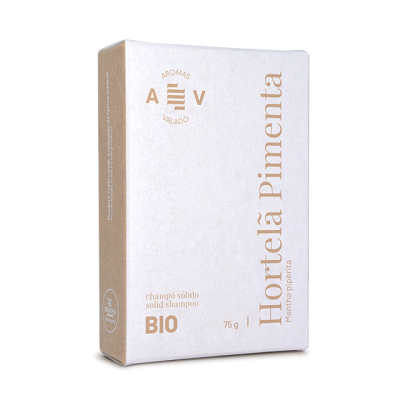 Caixa de champô sólido BIO hortelã pimenta, embalagem branca e bege