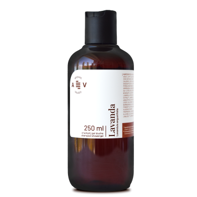 Frasco de champô e gel de banho lavanda castanho com rótulo branco