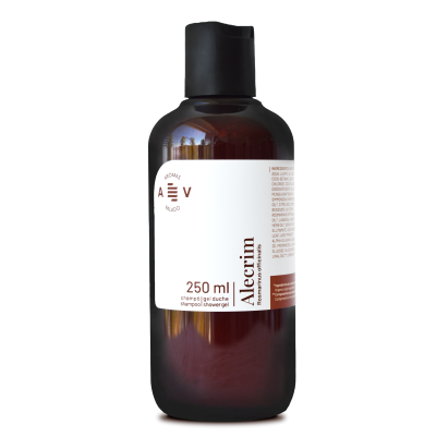 Garrafa de champô e gel duche Alecrim de 250 ml com rótulo branco e tampa preta