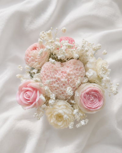 Buquê de flores decorativas rosas e brancas sobre tecido branco