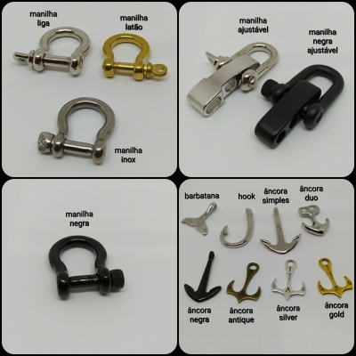 Vários tipos de manilhas e âncoras metálicas com etiquetas sobre fundo branco