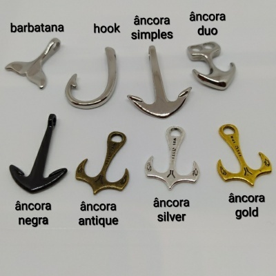 Diferentes amuletos metálicos em forma de âncora com etiquetas descritivas em português e inglês