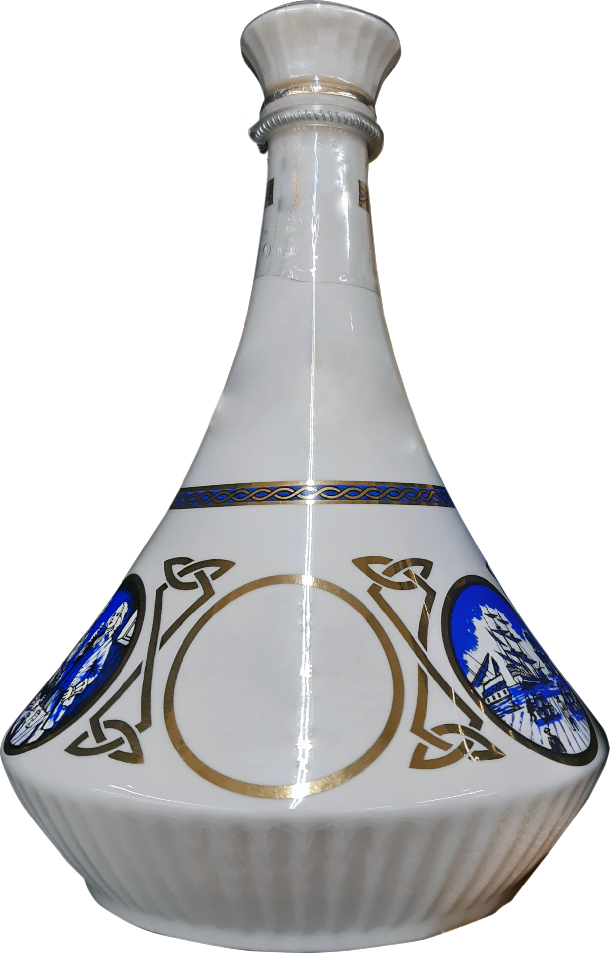 Garrafa decorativa branca em cerâmica com detalhes dourados e azuis