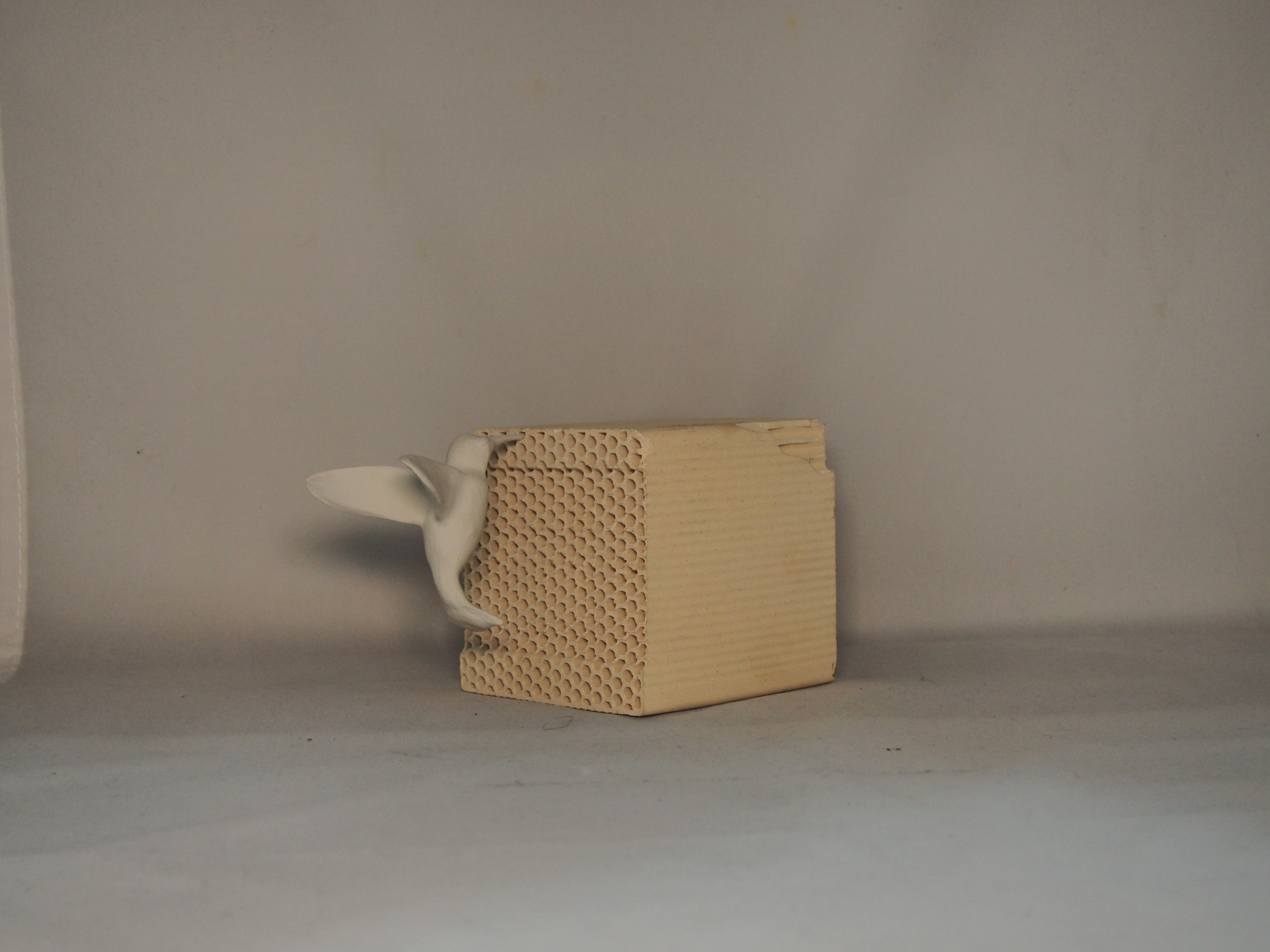 Caixa de madeira clara com relevo padronizado e pega branca em forma de concha