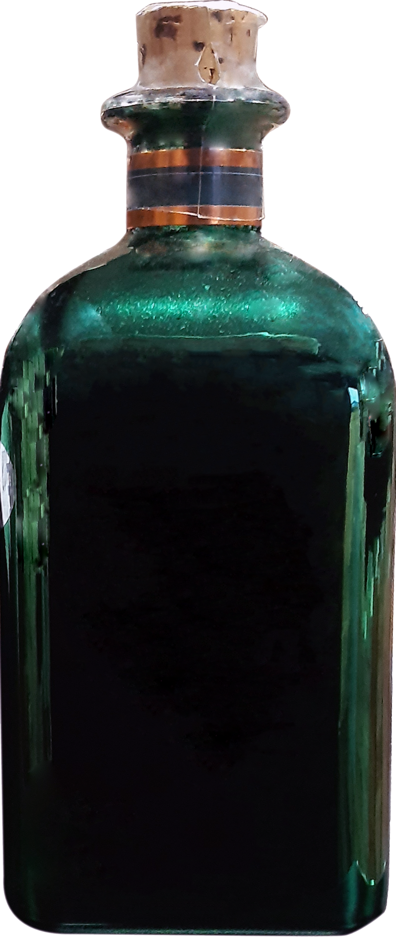 garrafa de vidro verde escuro com tampa de cortiça e riscas laranja e preta