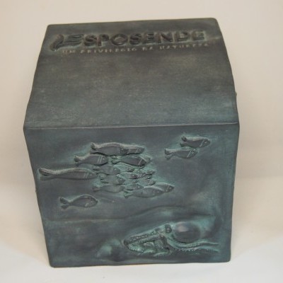 Bloco decorativo com relevo de peixes e crânio fossilizado, inscrição 'SPOSENDE O PRIVILEGIO DA NATUREZA'