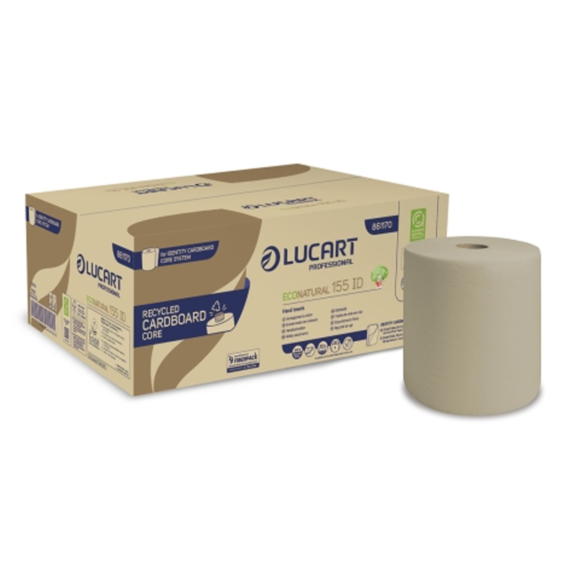 Rolo Auto Corte Toalha de Mãos Lucart Identity EcoNatural 155 ID Cardboard Core Caixa de papel reciclado Lucart Professional com rolo de papel castanho claro