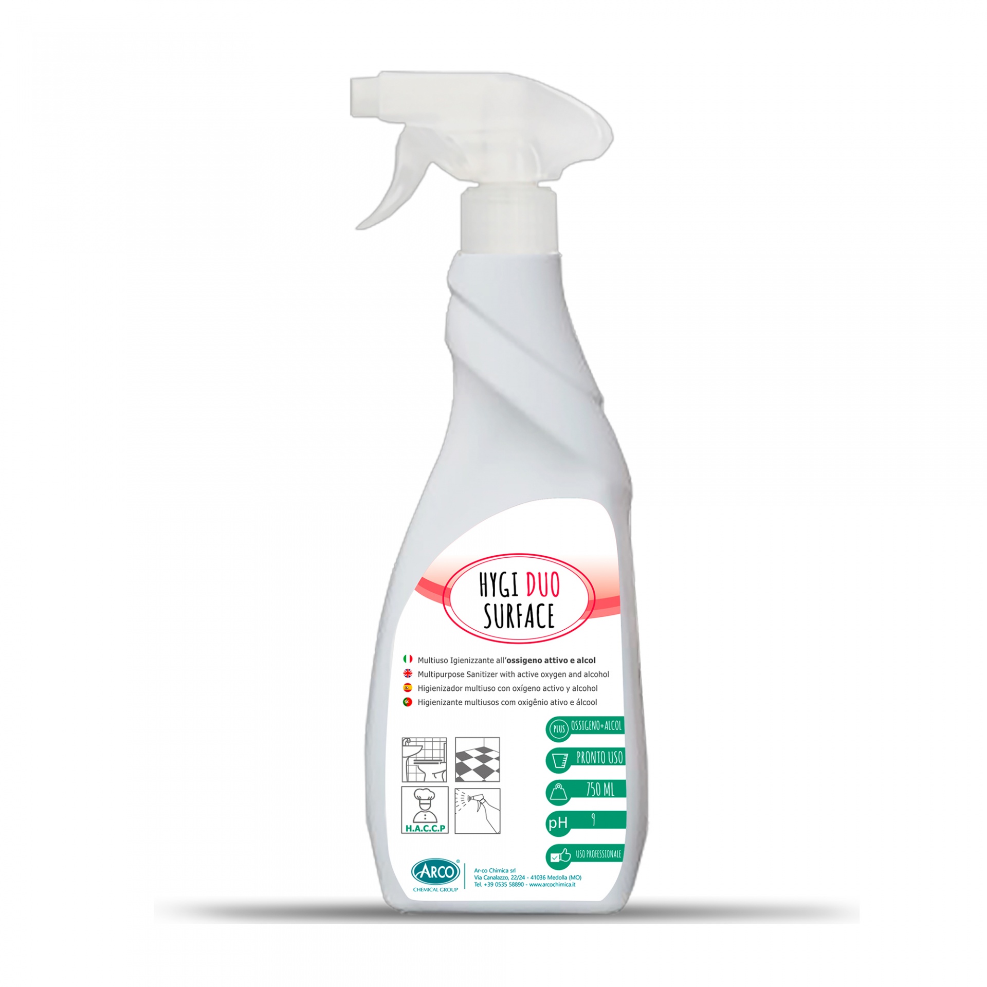 Hygi Duo Surface Frasco spray branco com etiqueta HYGI DUO SURFACE e instruções em várias línguas.