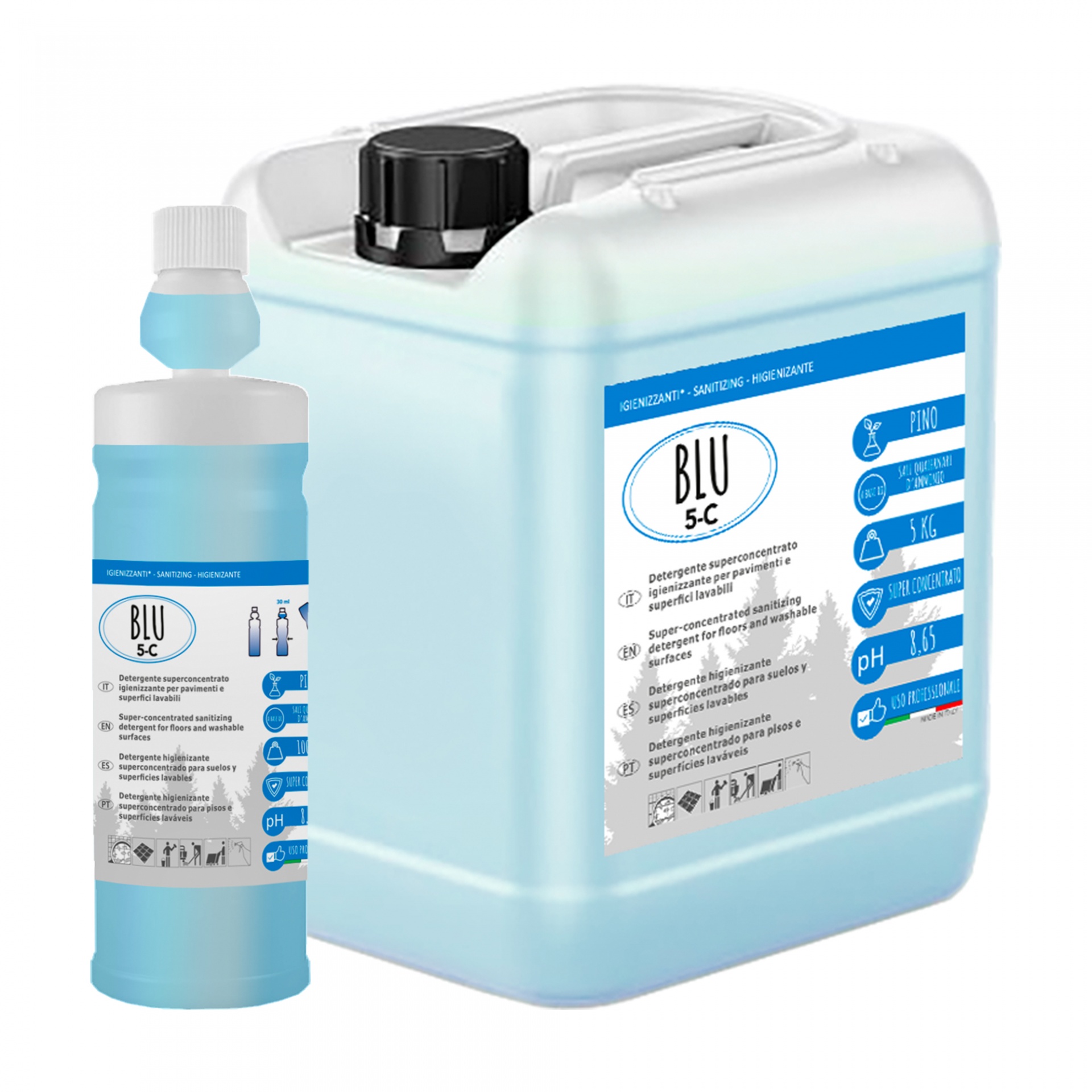 Blu 5-C Produtos de limpeza Blu 5C em embalagens azul claro e branco com etiquetas técnicas