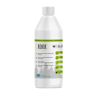 Frasco branco com detergente ROBOR e rótulo verde e cinzento