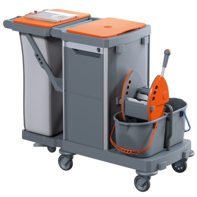 Carrinho de limpeza cinzento e laranja com balde e espremedor