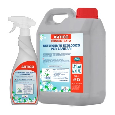 Recipientes de detergente ecológico ARTICO para sanitários, spray e bidão com etiquetas coloridas