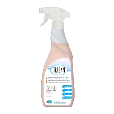 Frasco de spray branco e rosa com etiqueta branca e texto 'TRISAN'