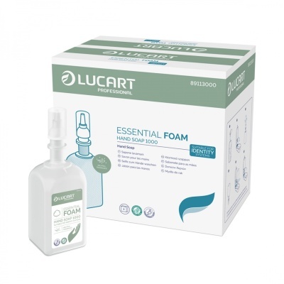 Sabonete líquido Lucart Essential Foam em frasco branco com caixa de cartão verde e branco