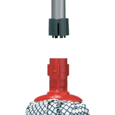 Esfregão com suporte vermelho e pano branco com padrão azul