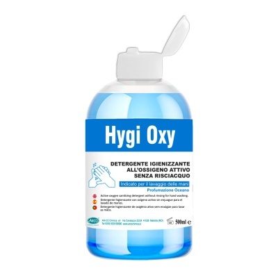 Frasco de detergente higienizante Hygi Oxy azul 500 ml com tampo branco