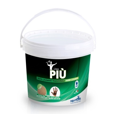 Embalagem plástica de pasta lava-mãos Linea PIÙ verde e branca.