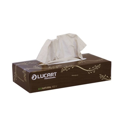 Caixa castanha de lenços com texto LUCART PROFESSIONALE ECO NATURAL 100 V