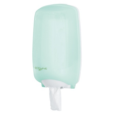 Dispenser plástico verde claro com saída de papel e inscrição ECOLINE