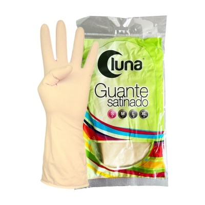 Luvas de látex bege e embalagem plástica com texto 'Luna Guante satinado S M L XL'