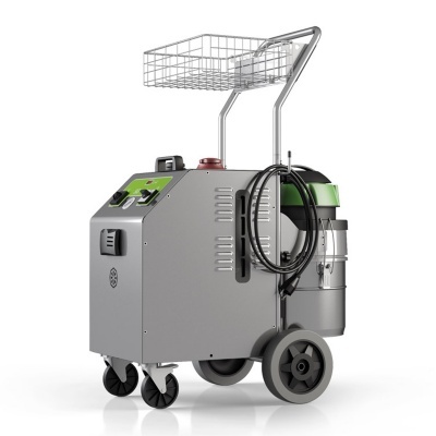 Carrinho industrial cinza com rodas, compartimento cilíndrico e cesta metálica