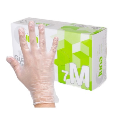 Luvas descartáveis transparentes de vinil com embalagem verde e branca