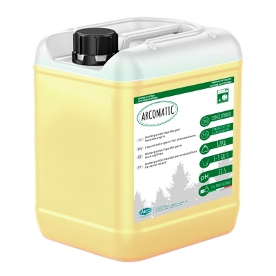 Recipiente amarelo de detergente ARCOMATIC com tampa preta e etiqueta informativa verde e branca