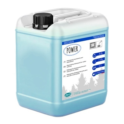 Recipiente plástico azul com tampa preta e etiqueta POWER e indicações técnicas