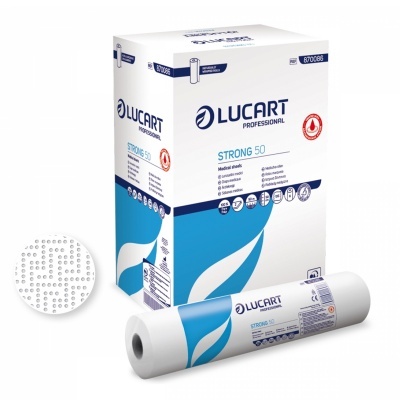 Embalagem e rolo de papel de cozinha branco Lucart Strong 50 com detalhes azuis