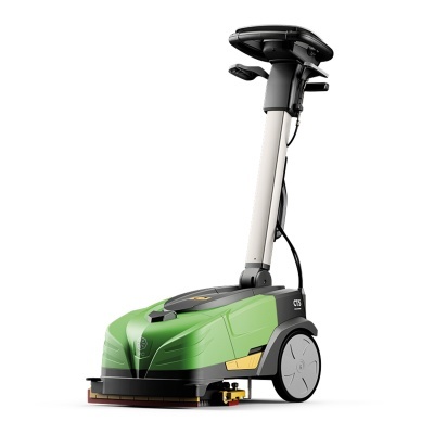 máquina limpa chão verde com base preta e rodas cinzentas