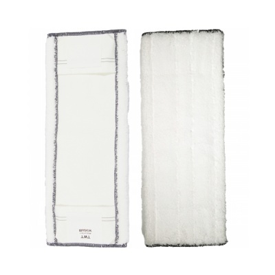 Dois panos de limpeza retangulares brancos com bordas cinzentas e textura felpuda num dos lados