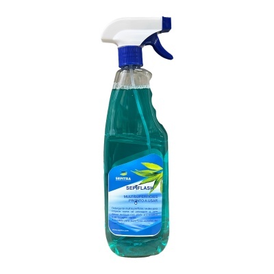 Frasco de spray azul esverdeado com rótulo azul e folhas verdes
