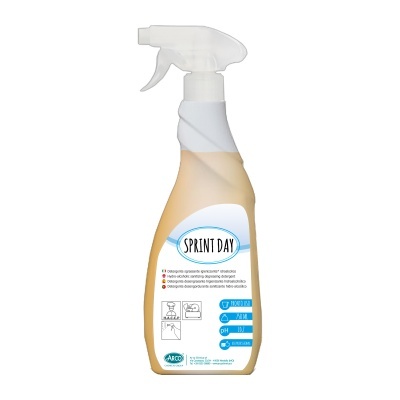 Frasco pulverizador plástico bege com gatilho branco e rótulo SPRINT DAY