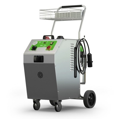 Máquina metálica com painel verde, rodas e cesto no topo