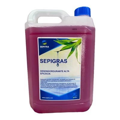 Recipiente de detergente desengordurante SEPIGRAS com tampa azul e etiqueta com folhas verdes