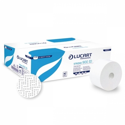 Rolo de papel higiénico branco ao lado de caixa branca e azul LUCART PROFESSIONAL