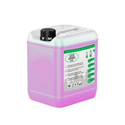 Recipiente plástico translúcido com líquido cor de rosa e etiqueta GÉN LAVANDA 5 L