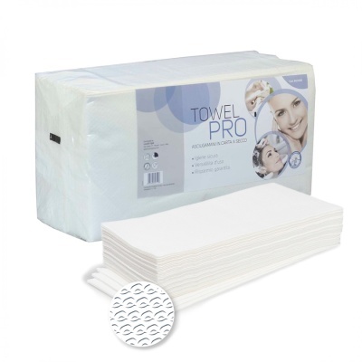 Toalhas descartáveis Towel Pro brancas em pacote transparente com etiqueta e imagens de rosto.