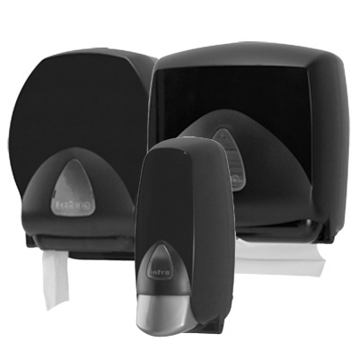 Conjunto de dispensadores pretos para papel e sabonete