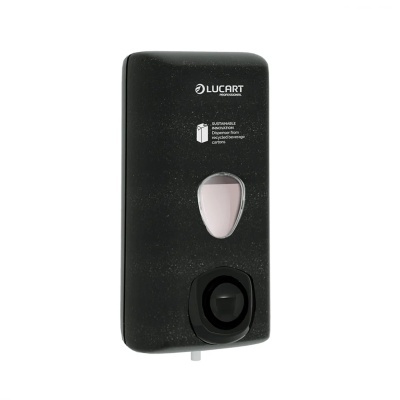 Dispenser de parede preto Lucart com botão circular e janela transparente