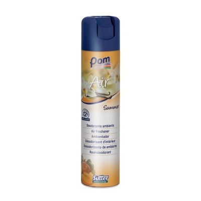 Spray ambientador POM Air Summer com tampa azul e embalagem amarela com flores e frutas