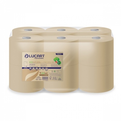 Pacote com 6 rolos de papel higiénico bege Lucart Professional com etiqueta