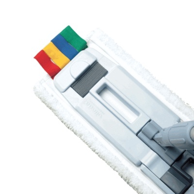 Mopa de limpeza com base cinza e alças coloridas