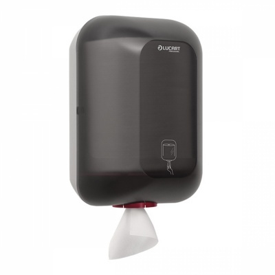 Dispensador de papel manual preto com papel branco a sair